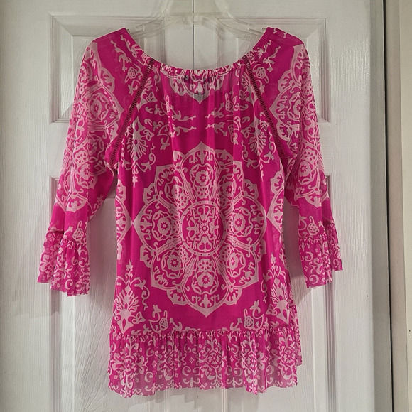 INC Size Medium White Pink Ruffled Nordic Bell Sleeve Square Neck Top Boho Flair - Picture 3 of 12